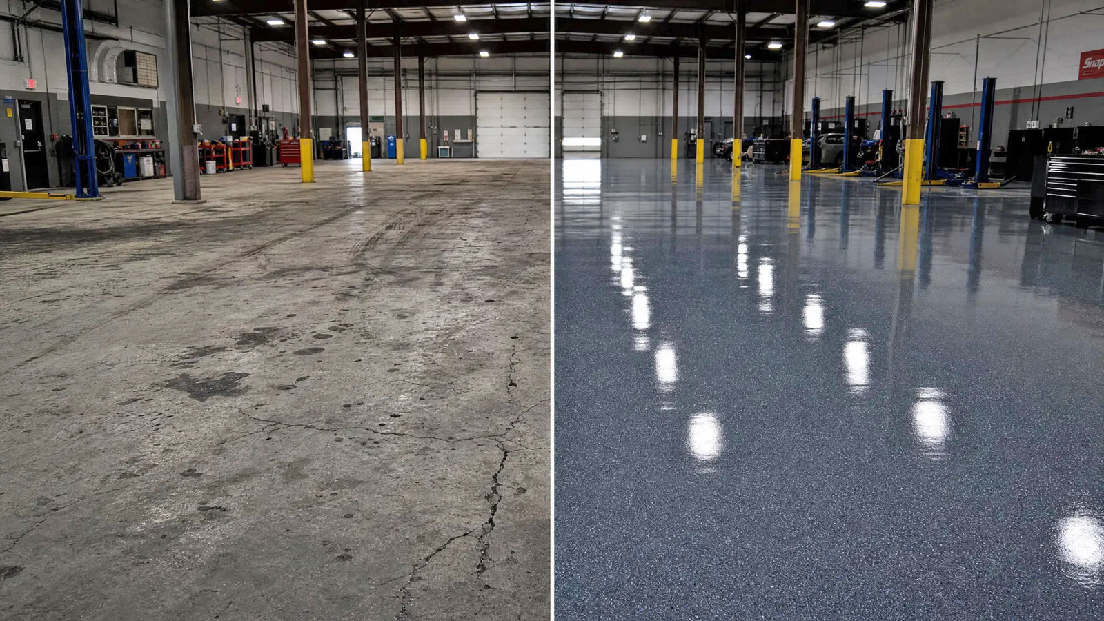Commercial floor coating before and after — auto shop in Kendall FL